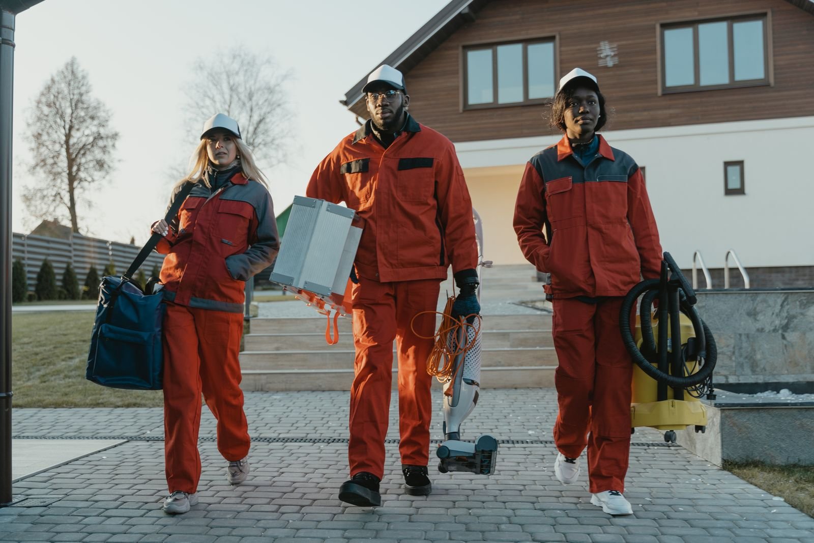 Cleaning team in orange coveralls carrying equipment