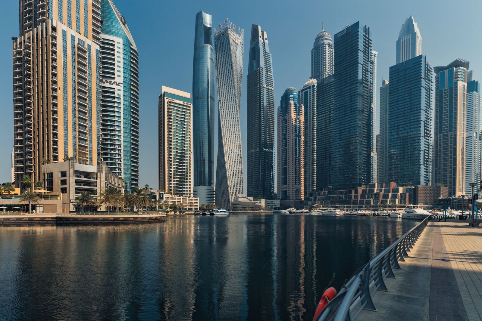 Dubai Marina waterfront towers reflected in the water