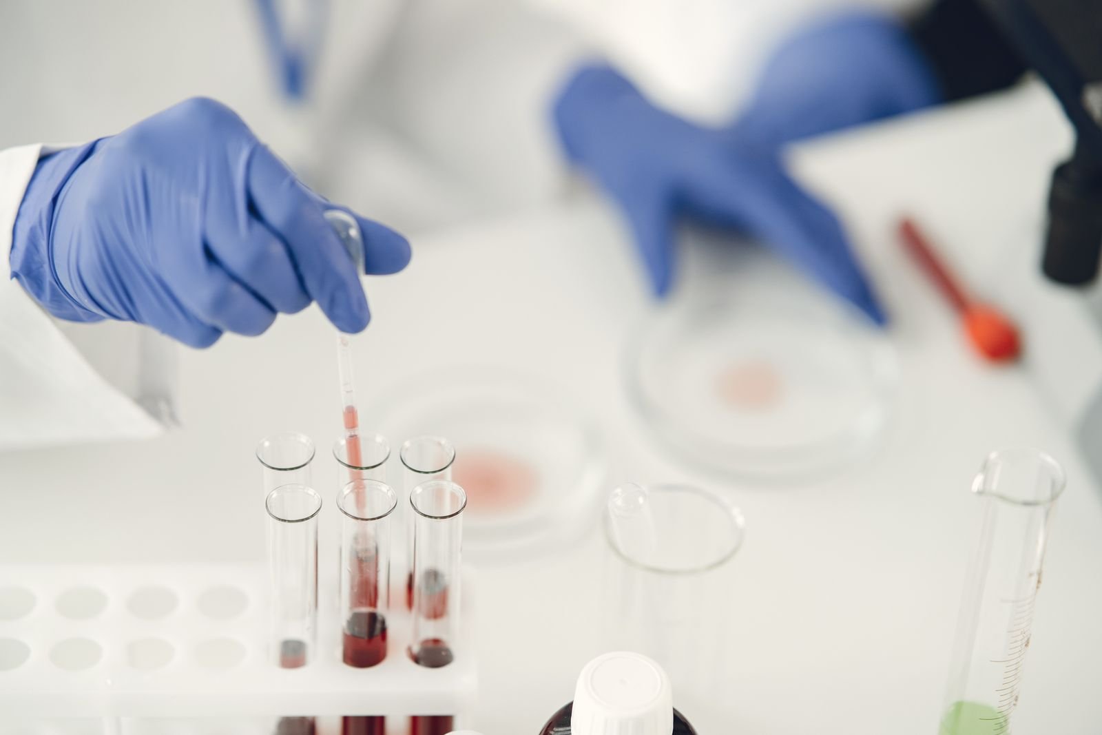 Gloved hands testing a liquid sample in a laboratory